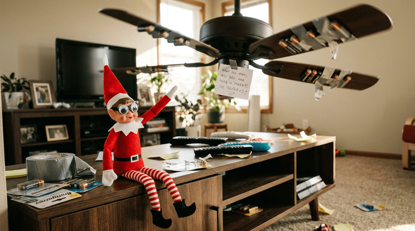 A small elf doll wearing googly eye goggles sits next to a 'North Pole Tech Lab' sign made from a sticky note, looking up at a ceiling fan with several TV remote batteries taped to each blade and a tiny note reading 'Sorry â I needed them for my sleigh GPS upgrade! đ
âĄ'