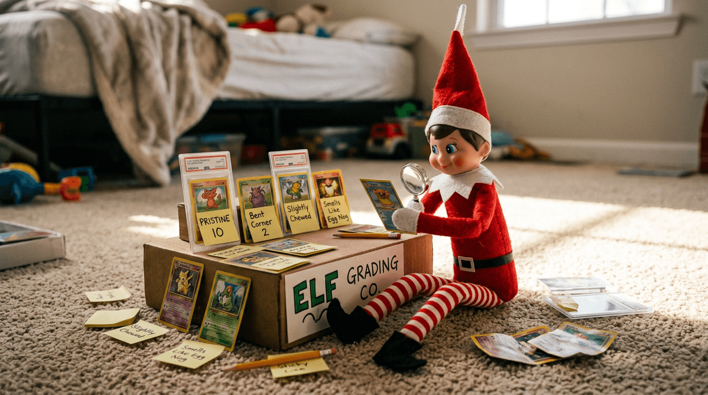 An elf has set up a playful Pokémon card grading station with cards fanned out, sticky note grades nearby, and a magnifying glass leaning against one card, all set against a cozy bedroom background.