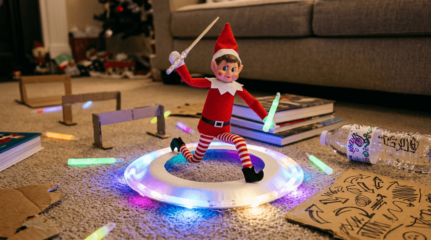 Tomtenissen står i träningsposition bredvid en papperstallrik-portal med LED-ljus, en ficklampa med röd cellofan och aluminiumfolie-pinnar, med ett meddelande som säger 'Dag 3 på träningsakademien – nästan redo att debutera som Nordpolens nya demonjaktsexpert! Nuvarande styrka: LEGENDARISK ✨⚡'