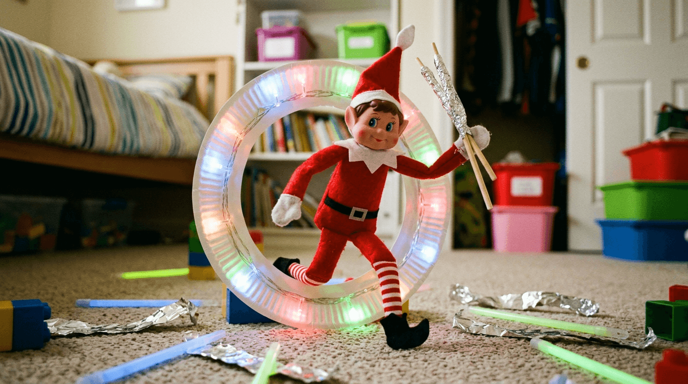 An elf is posed mid-action next to a paper plate portal with LED fairy lights, a flashlight with red cellophane, and foil-wrapped chopsticks, with a note reading 'Day 3 of HUNTR/X Academy - almost ready to debut as the North Pole's newest demon hunter! Current power level: LEGENDARY âšâĄ'
