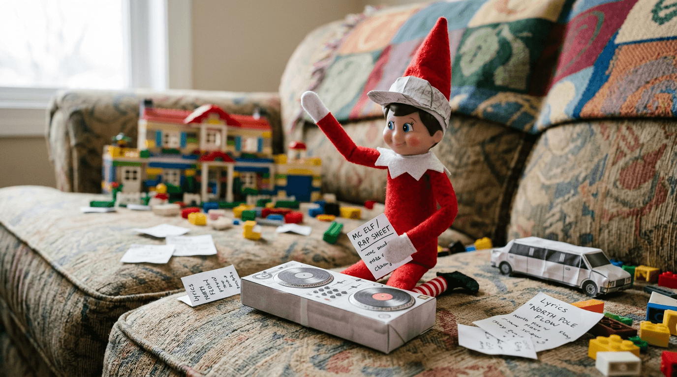 Tomtenissen sitter på soffan med en papperskeps, håller en liten raptext, omgiven av ett slott av byggklossar, en papperslimousin, skyltar om Nordpolen och en liten DJ-skiva.