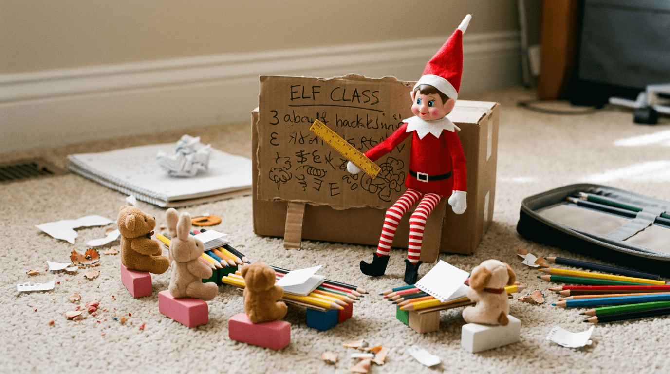 An elf doll stands in front of a group of stuffed animals seated in a semi-circle, holding a ruler as a pointer, with a sign reading 'Elf School is in Session!' and papers with silly wrong answers scattered around.