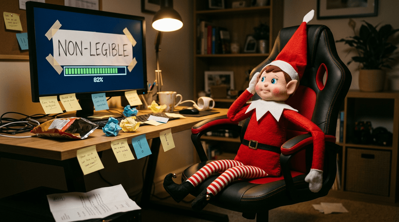 A small elf sits next to a family PC with a paper sign taped to the monitor that reads 'DISCONNECTED â 56K DIAL-UP DETECTED đ' and a loading bar stuck at 99%, while sticky notes around the keyboard say 'LAG', 'NO CAP THIS IS RIGGED', and 'GG NO RE', with a crumpled paper rage-quit letter nearby.