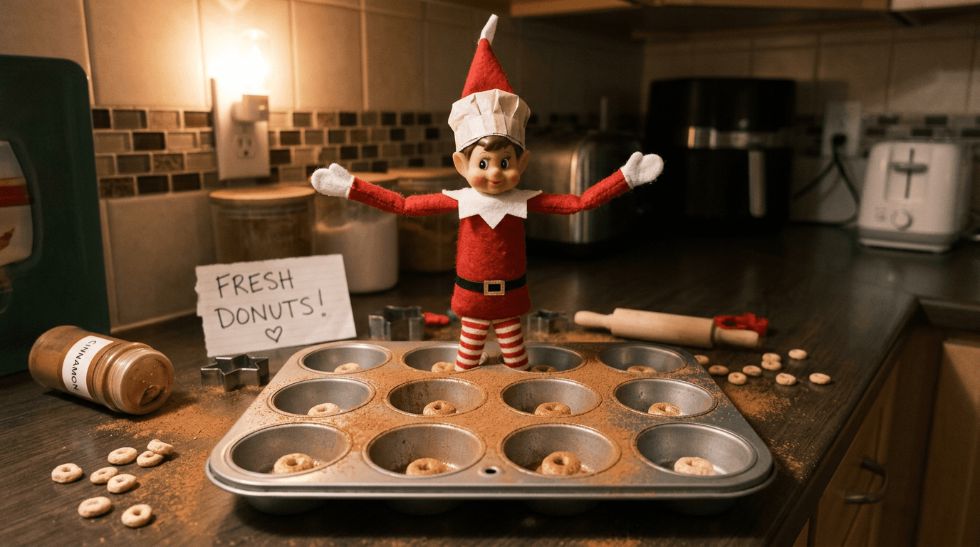 En liten Rampenisse med papirkokehatt sitter stolt bak en muffinsform fylt med Cheerios som nissedonuter, omgitt av en tusjpennal som rullepin, strødd kanel og stjernestemplere – en koselig minibakeri.