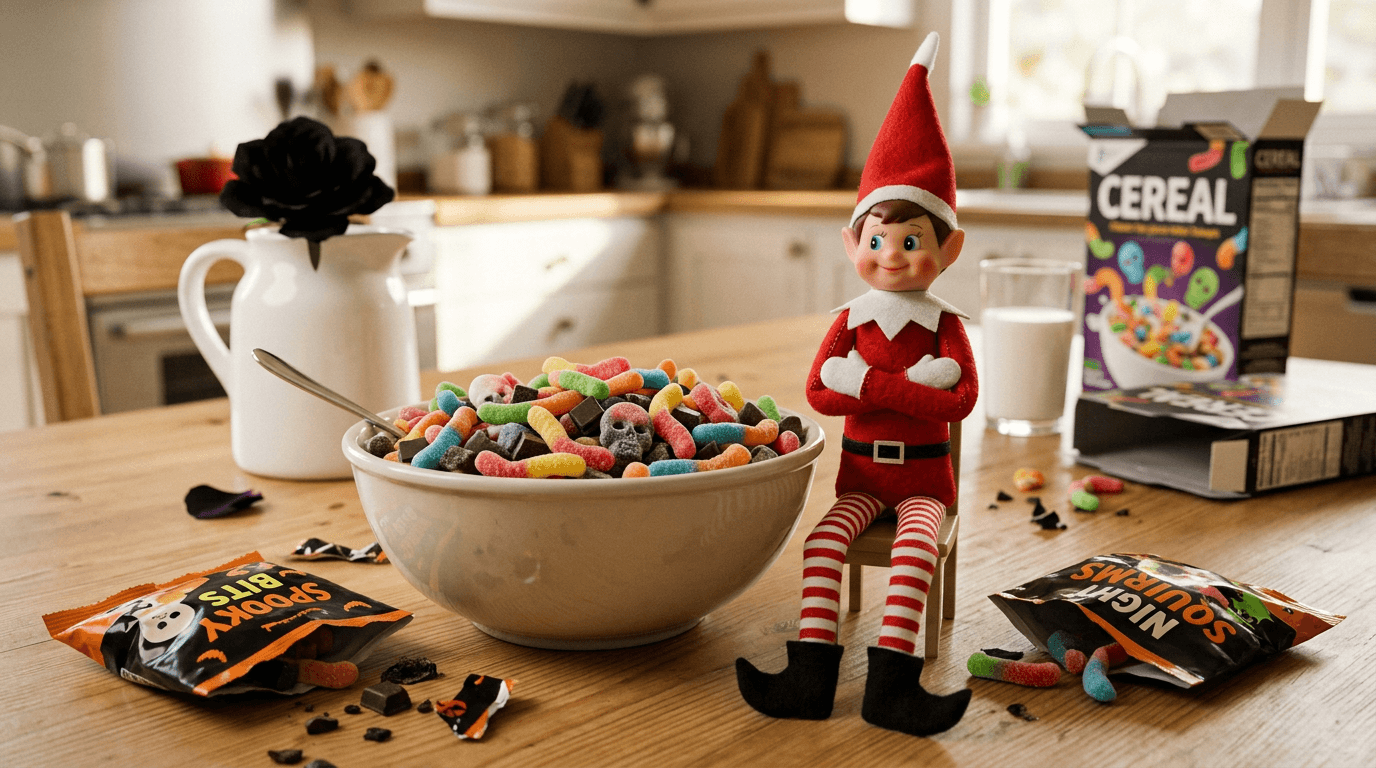 En Rampenisse-dukke sitter ved bordenden av et frokostbord med deadpan uttrykk og armene i kors, omgitt av svartpakkede godteriposer, en bolle full av gummiorm, sure hodeskaller og mørk sjokolade, og en melkekruss med en eneste svart blomst – en morsom Wednesday Addams-inspirert frokostscene.