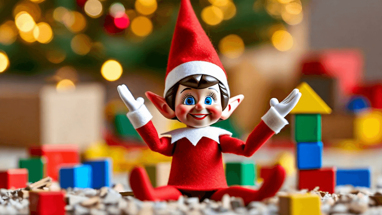 An elf doll sits next to a toppled tower of seven colorful blocks, arms raised in a shrug pose beside a tiny sign that reads '6… 7? 🤷 Oops!'