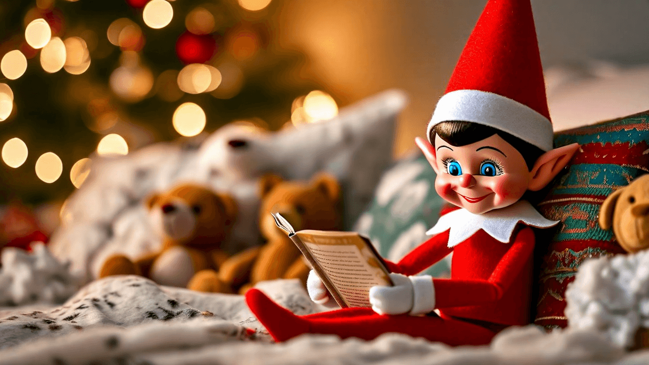 A charming scene of an elf sitting at the end of a row of stuffed animals, each tucked in with a washcloth blanket and a tissue pillow, while holding a mini storybook that reads 'Goodnight, friends!' under a glowing small nightlight.