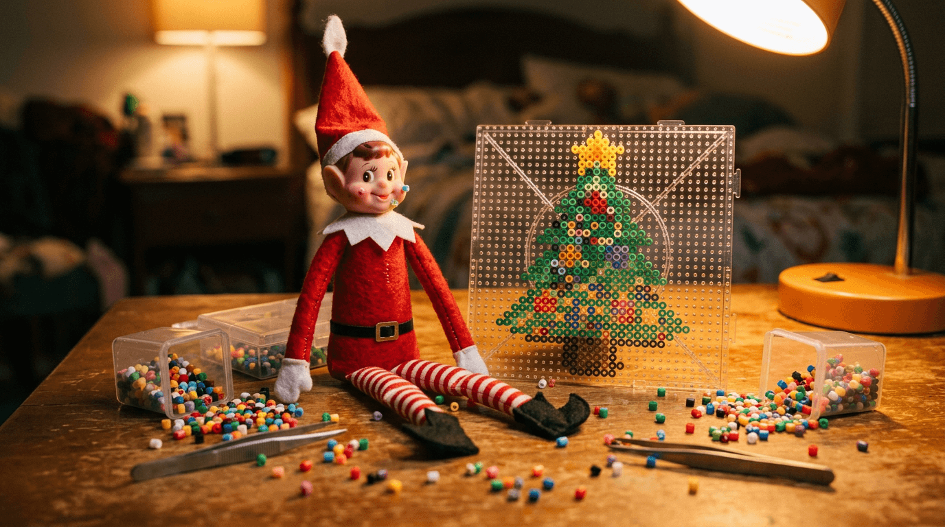 En liten rampenisse-dukke sitter stolt ved siden av et perlerbrett med et fargerikt pixelkunst-juletre laget av sorterte perlrader, med perlehauger og designmal i nærheten.