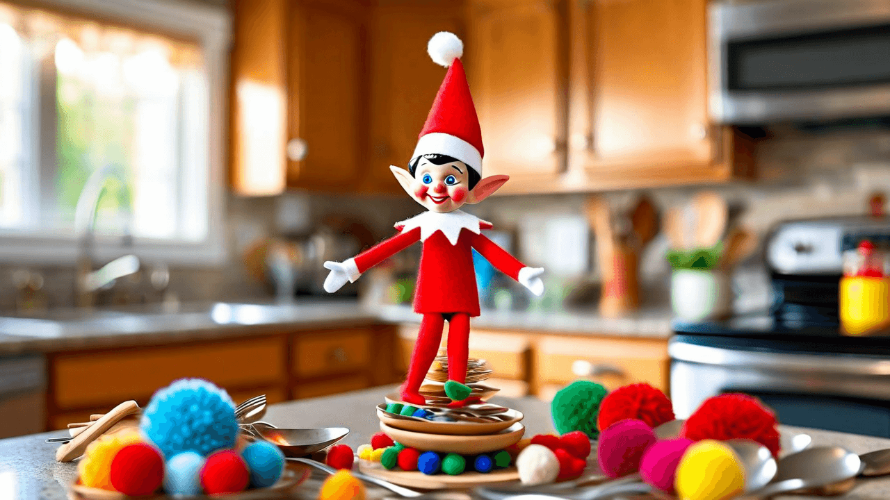 An elf doll wearing a sticky note crown sits atop a wobbling tower of various spoons with colorful pom-poms scattered around as fallen gold coins on the kitchen counter.