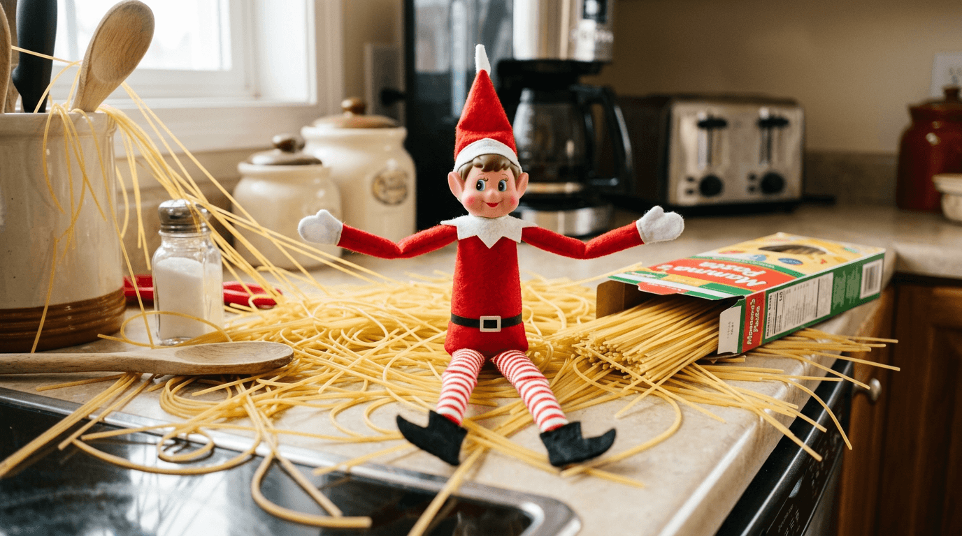 En liten rampenisse-dukke sitter omgitt av rotete tørr spaghetti på en kjøkkbenk, med spaghettistrenger viklet rundt en saltbøtte og trekjele, som skaper en morsom «katastrofe»-scene.