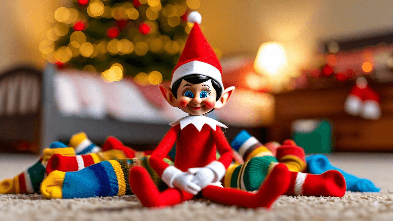 A colorful pile of children's socks scattered on the bedroom floor with a small elf figure standing in the middle and a note reading 'I just wanted warm toes… all of them!'