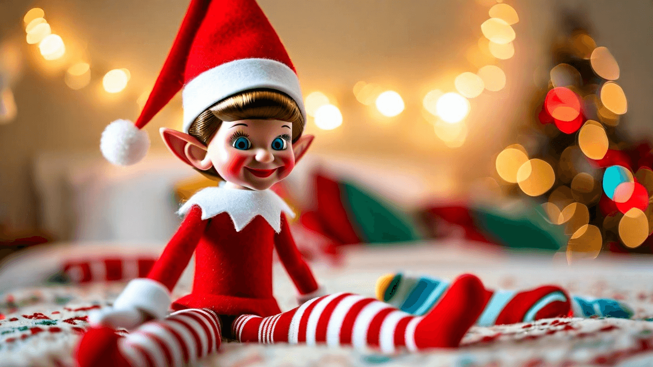 A small elf doll sits surrounded by toddler socks scattered across a lampshade, a doorknob, and its own head, with a note nearby that reads, 'I just wanted to find the matching ones!'